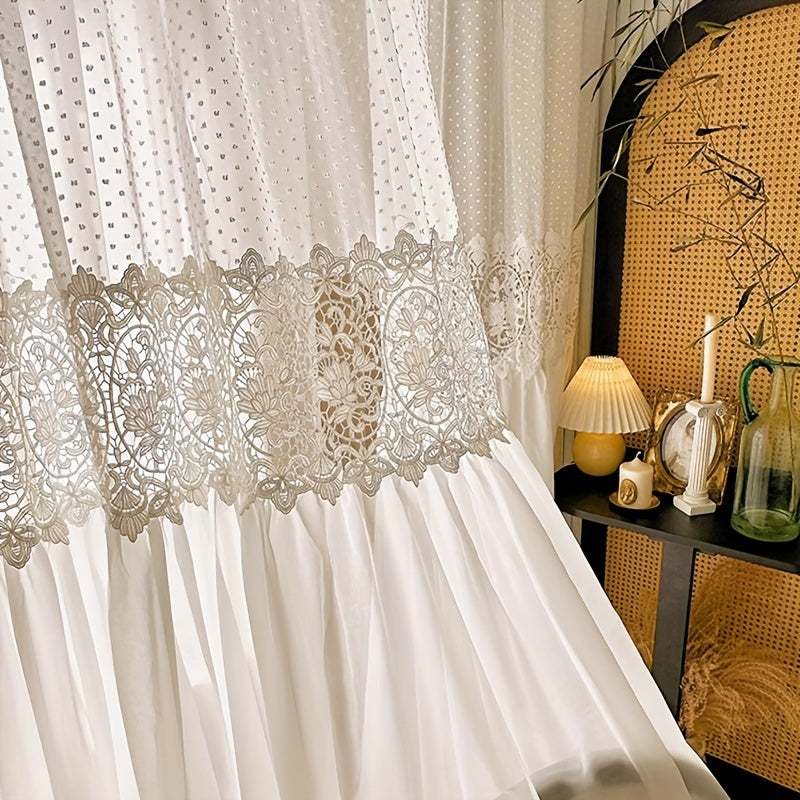 Set of 2 French Romantic Lace Tulle Sheer Curtains Featuring a Vintage Hollow Flower Stitching Design, Perfect for Light Filtering in a Luxurious Bedroom Decor. This Extra Long Curtain Set Measures 118.11inch in Height And Includes 2 Panels with Grommet