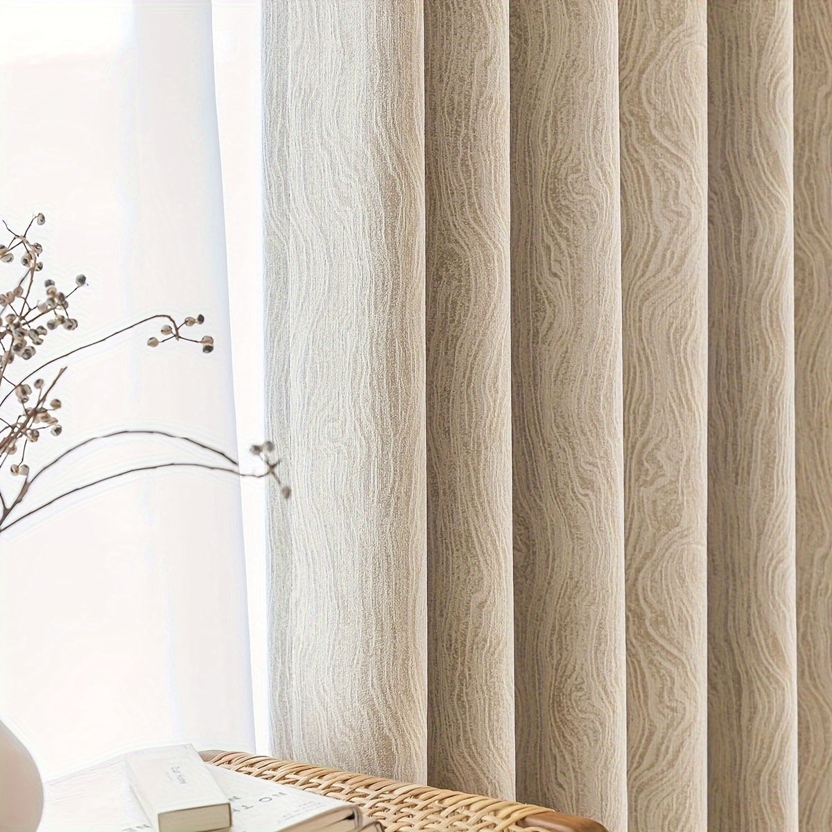 1pc, French Light Luxury Oak Grain Texture Chenille Curtain, 90% High Shading Thickened Curtain, Suitable for Living Room, Bedroom, Villa Home Decoration