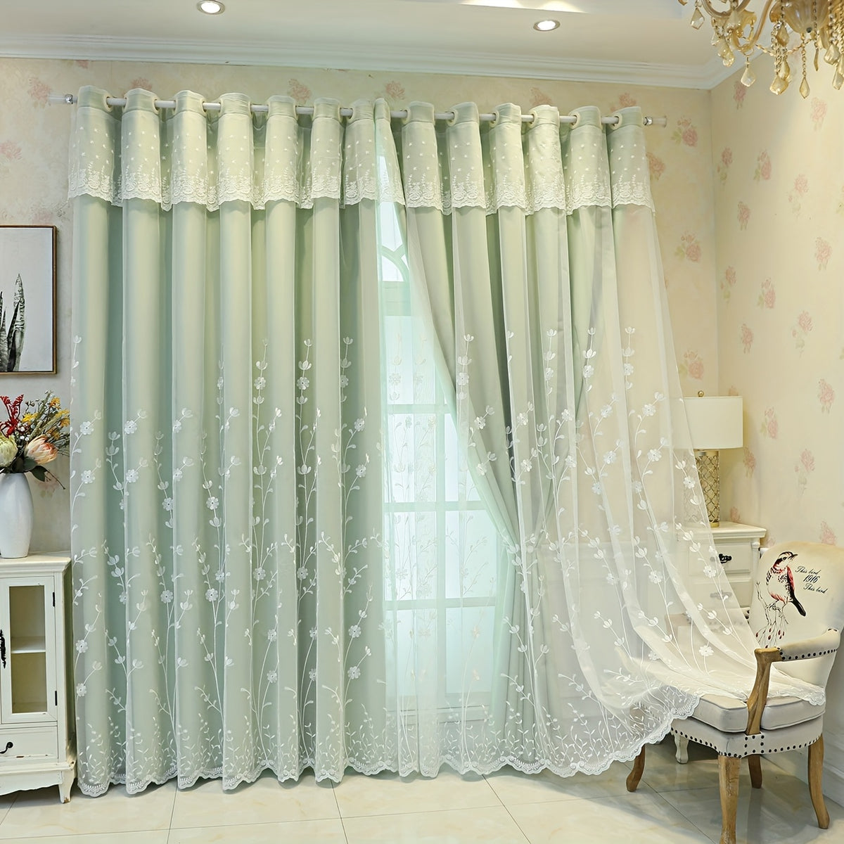 1Panel Nordic Minimalist Embroidered Floral Fabric Sheer Curtain, Top Loop Hanging, Resistant, Room Darkening, Suitable for Living Room, Bedroom, Balcony, Kitchen, Curtain Decoration