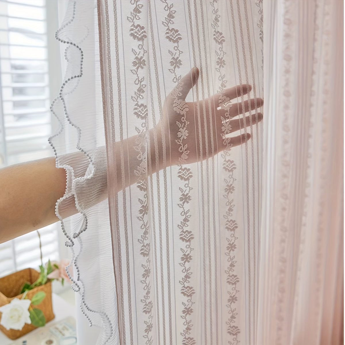 2pcs Lace Tulle Ruffle Curtains,Double Layer Beaded Ruffles Voile Sheer Curtains Romantic Window Decorative Curtains for Living Room, Office Home Decor