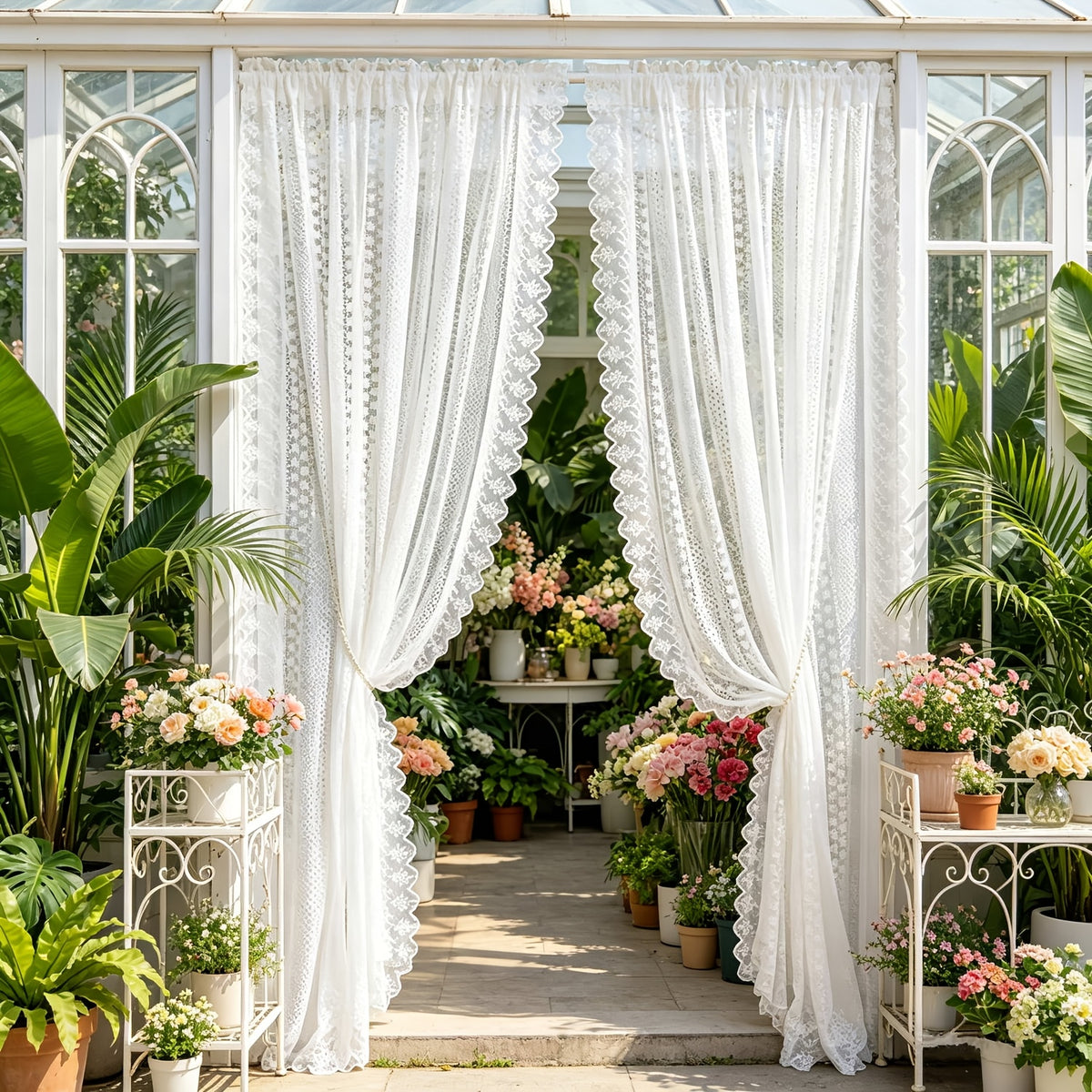 2 Panels Romantic Classical Lace Outdoor Sheer Curtain Light Filtering Window Drapes Rod Pocket for Wedding Bedroom Living Room Or Patio Decor