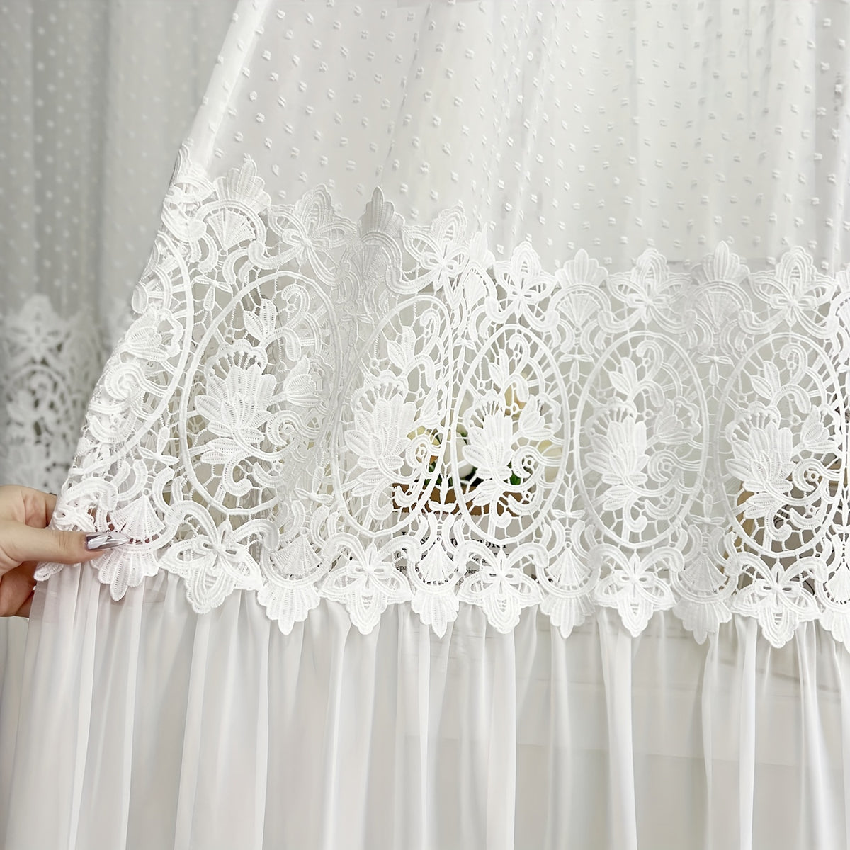 Set of 2 French Romantic Lace Tulle Sheer Curtains Featuring a Vintage Hollow Flower Stitching Design, Perfect for Light Filtering in a Luxurious Bedroom Decor. This Extra Long Curtain Set Measures 118.11inch in Height And Includes 2 Panels with Grommet