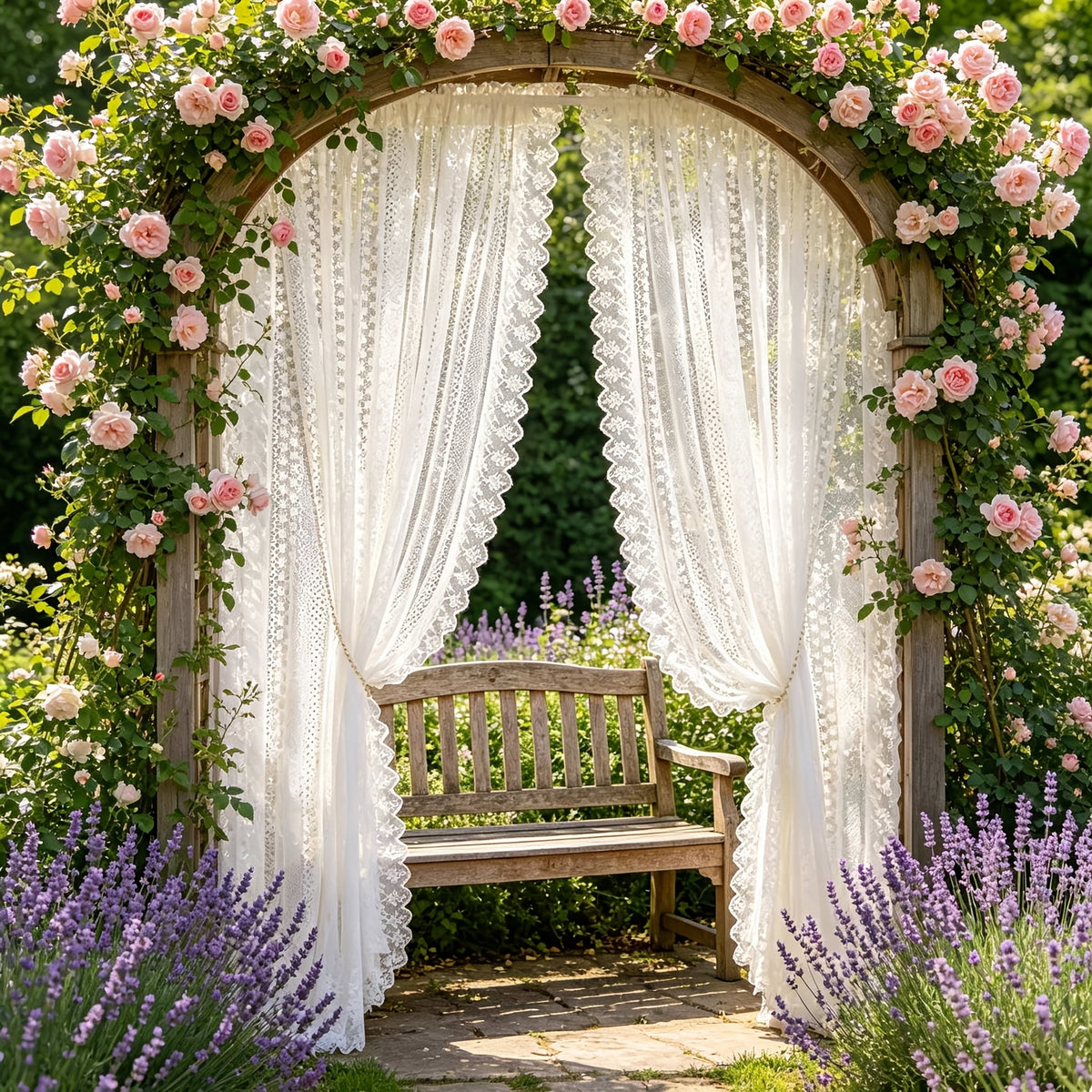 2 Panels Romantic Classical Lace Outdoor Sheer Curtain Light Filtering Window Drapes Rod Pocket for Wedding Bedroom Living Room Or Patio Decor