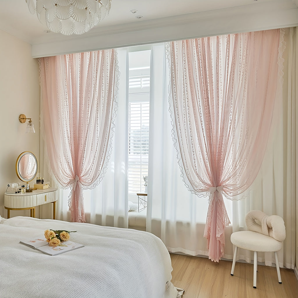 2pcs Lace Tulle Ruffle Curtains,Double Layer Beaded Ruffles Voile Sheer Curtains Romantic Window Decorative Curtains for Living Room, Office Home Decor