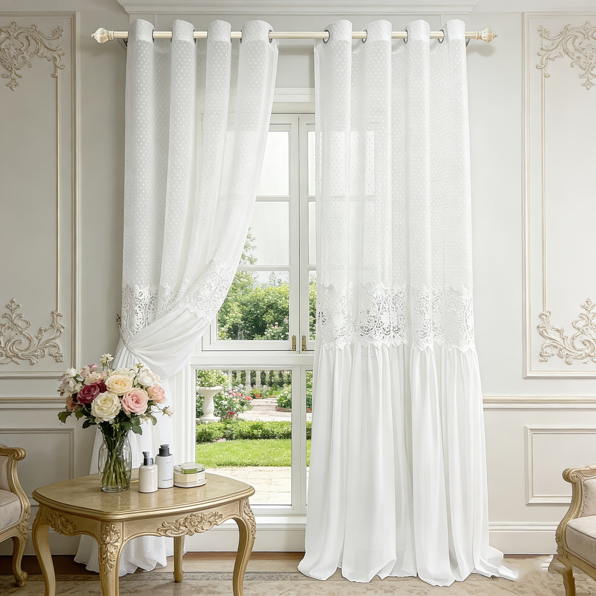 Set of 2 French Romantic Lace Tulle Sheer Curtains Featuring a Vintage Hollow Flower Stitching Design, Perfect for Light Filtering in a Luxurious Bedroom Decor. This Extra Long Curtain Set Measures 118.11inch in Height And Includes 2 Panels with Grommet