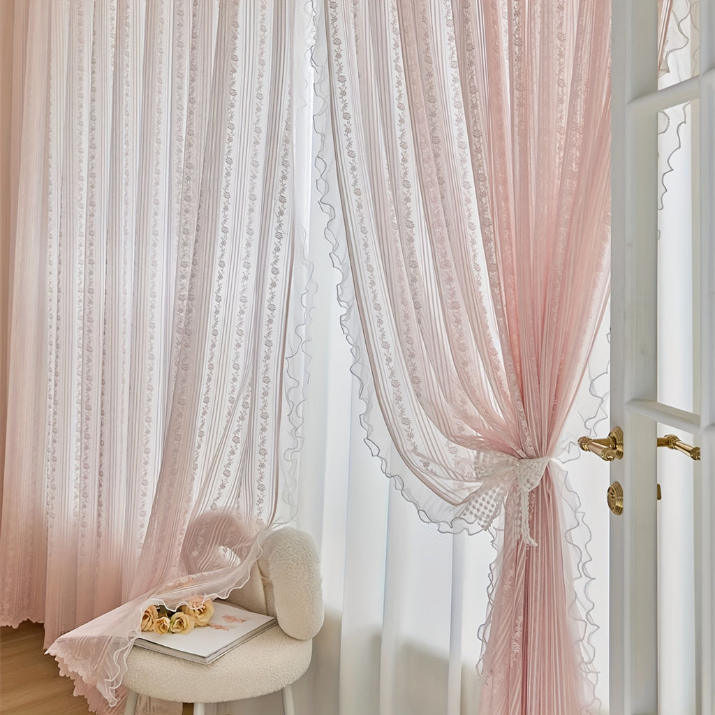 2pcs Lace Tulle Ruffle Curtains,Double Layer Beaded Ruffles Voile Sheer Curtains Romantic Window Decorative Curtains for Living Room, Office Home Decor