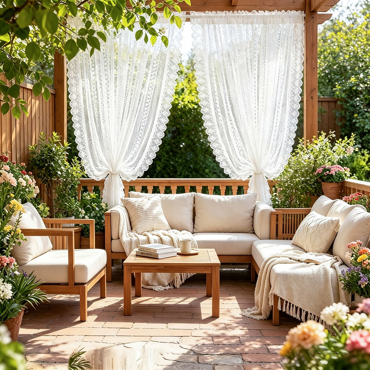 2 Panels Romantic Classical Lace Outdoor Sheer Curtain Light Filtering Window Drapes Rod Pocket for Wedding Bedroom Living Room Or Patio Decor