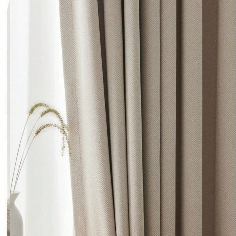 2pcs of Lightweight Luxury Beige Herringbone Patterned Blackout Thermal Sunshade Chenille Curtains for Bedroom And Living Room