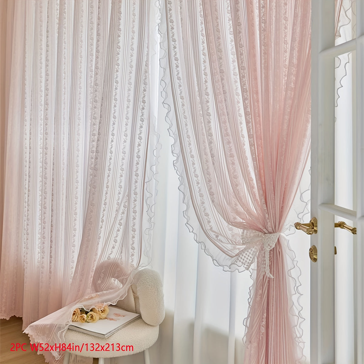 2pcs Lace Tulle Ruffle Curtains,Double Layer Beaded Ruffles Voile Sheer Curtains Romantic Window Decorative Curtains for Living Room, Office Home Decor