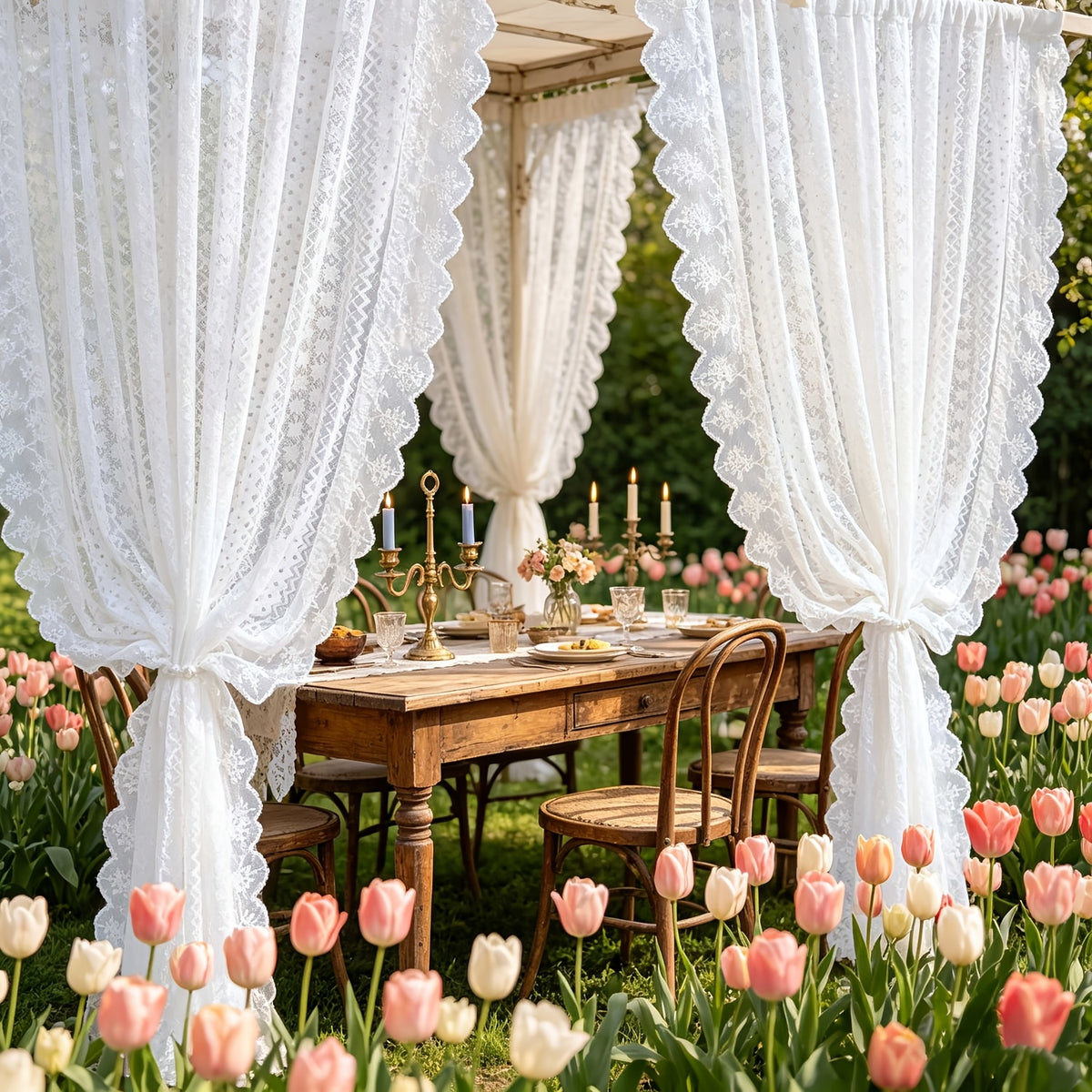 2 Panels Romantic Classical Lace Outdoor Sheer Curtain Light Filtering Window Drapes Rod Pocket for Wedding Bedroom Living Room Or Patio Decor