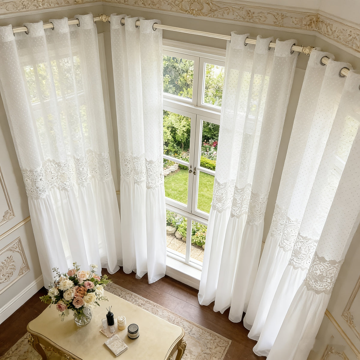 Set of 2 French Romantic Lace Tulle Sheer Curtains Featuring a Vintage Hollow Flower Stitching Design, Perfect for Light Filtering in a Luxurious Bedroom Decor. This Extra Long Curtain Set Measures 118.11inch in Height And Includes 2 Panels with Grommet