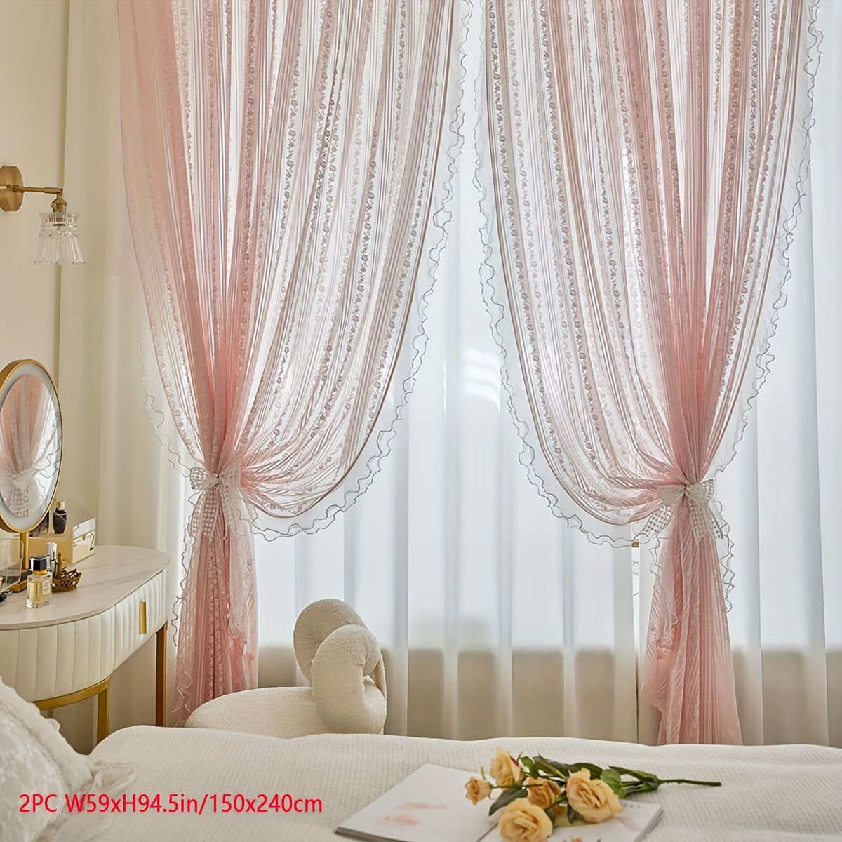 2pcs Lace Tulle Ruffle Curtains,Double Layer Beaded Ruffles Voile Sheer Curtains Romantic Window Decorative Curtains for Living Room, Office Home Decor