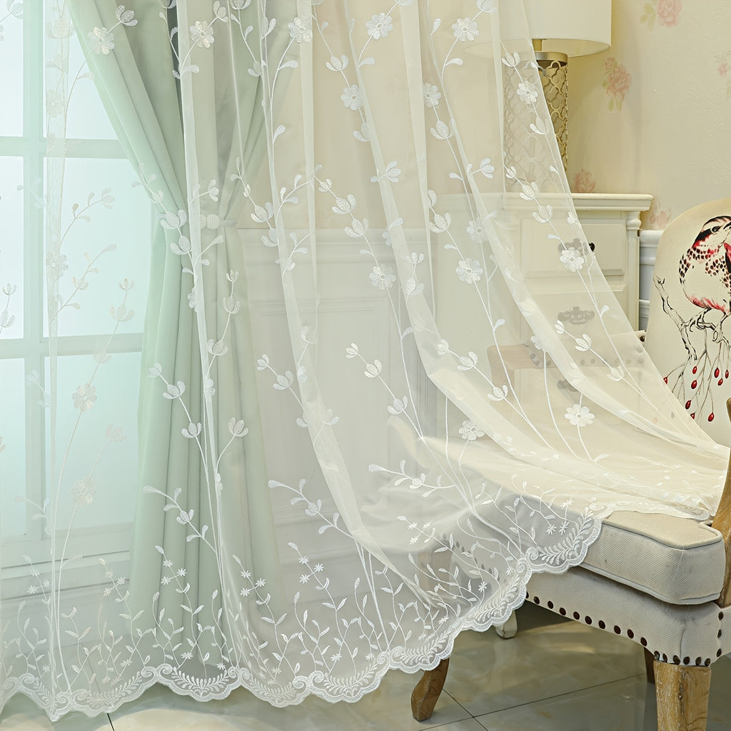1Panel Nordic Minimalist Embroidered Floral Fabric Sheer Curtain, Top Loop Hanging, Resistant, Room Darkening, Suitable for Living Room, Bedroom, Balcony, Kitchen, Curtain Decoration