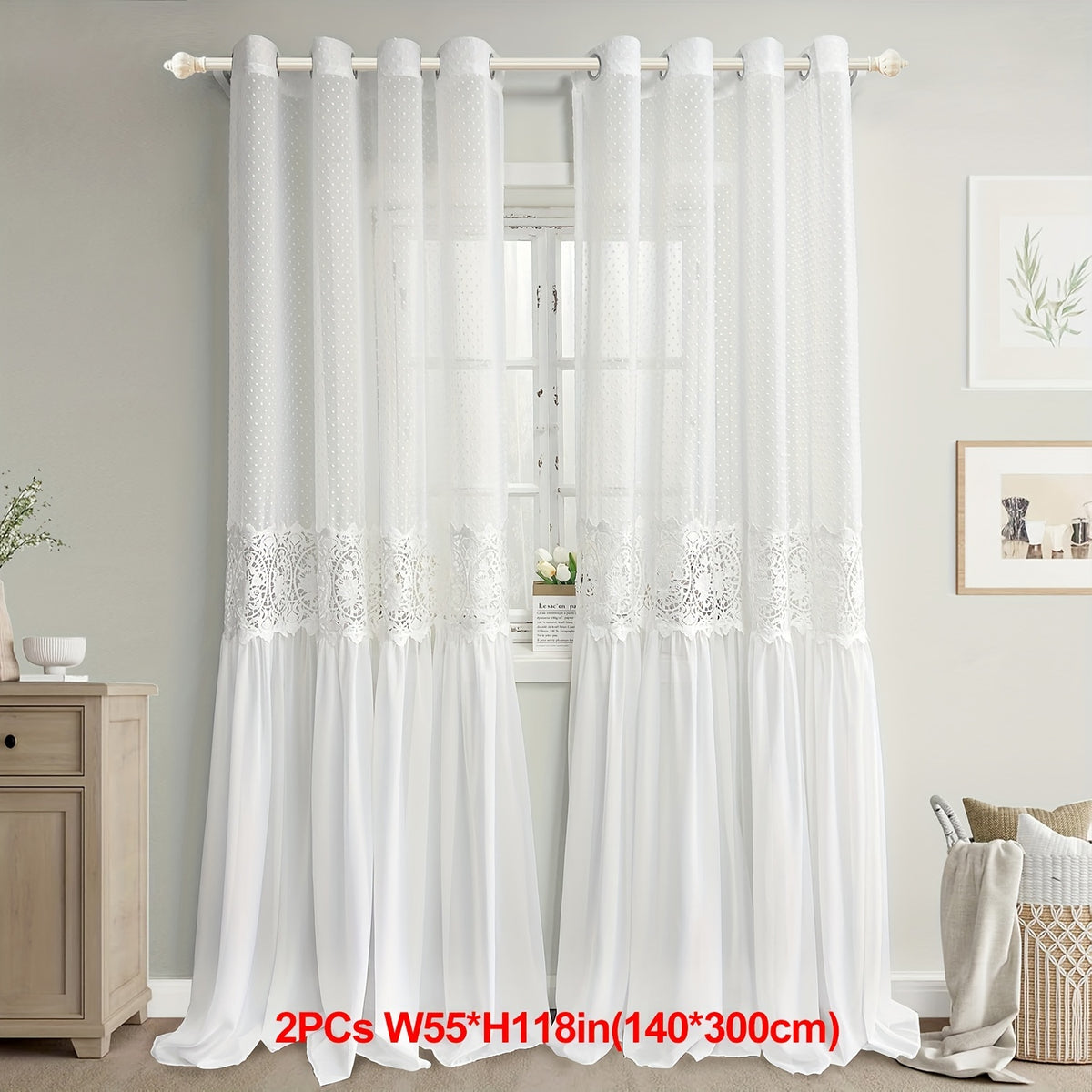 Set of 2 French Romantic Lace Tulle Sheer Curtains Featuring a Vintage Hollow Flower Stitching Design, Perfect for Light Filtering in a Luxurious Bedroom Decor. This Extra Long Curtain Set Measures 118.11inch in Height And Includes 2 Panels with Grommet