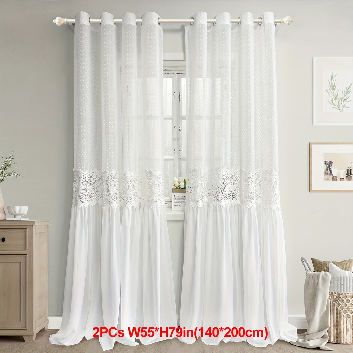 Set of 2 French Romantic Lace Tulle Sheer Curtains Featuring a Vintage Hollow Flower Stitching Design, Perfect for Light Filtering in a Luxurious Bedroom Decor. This Extra Long Curtain Set Measures 118.11inch in Height And Includes 2 Panels with Grommet
