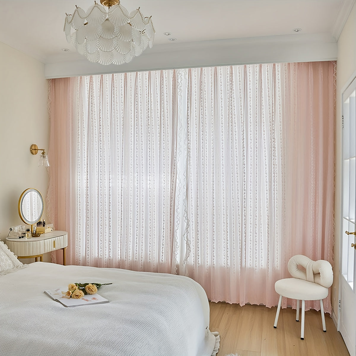 2pcs Lace Tulle Ruffle Curtains,Double Layer Beaded Ruffles Voile Sheer Curtains Romantic Window Decorative Curtains for Living Room, Office Home Decor