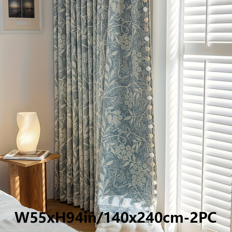 2pcs French Romantic Chenille Jacquard Flowers High Temperature Fixed Blackout Curtains for Living Room Bedroom Door Window Multi Functional Hook Northern Europe Curtain Bedroom Living Room Home Decor Fabric Partition Drapes