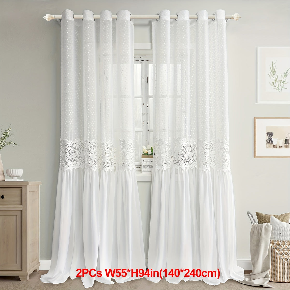 Set of 2 French Romantic Lace Tulle Sheer Curtains Featuring a Vintage Hollow Flower Stitching Design, Perfect for Light Filtering in a Luxurious Bedroom Decor. This Extra Long Curtain Set Measures 118.11inch in Height And Includes 2 Panels with Grommet