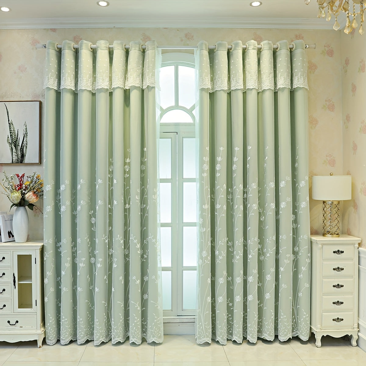 1Panel Nordic Minimalist Embroidered Floral Fabric Sheer Curtain, Top Loop Hanging, Resistant, Room Darkening, Suitable for Living Room, Bedroom, Balcony, Kitchen, Curtain Decoration
