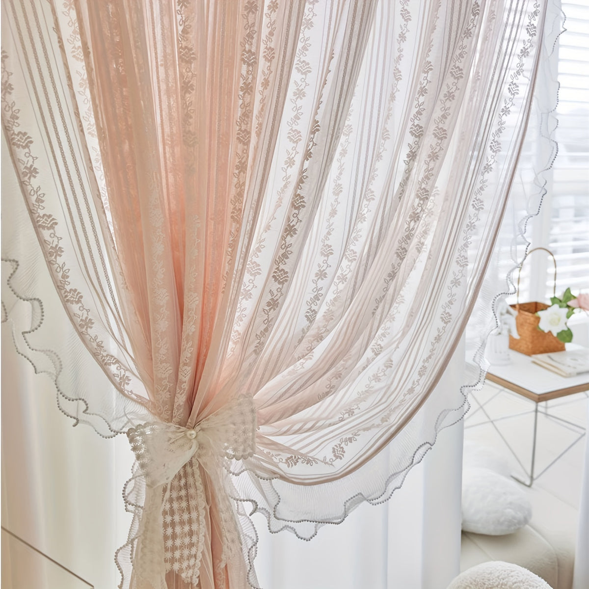 2pcs Lace Tulle Ruffle Curtains,Double Layer Beaded Ruffles Voile Sheer Curtains Romantic Window Decorative Curtains for Living Room, Office Home Decor