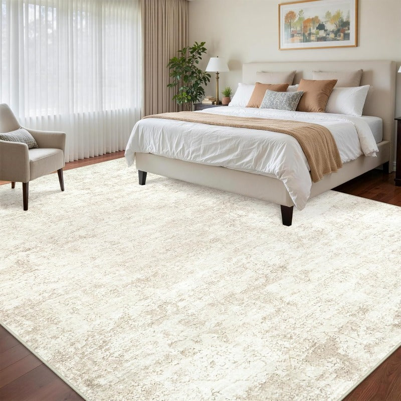 Extra Large Size Velvet at 850G Per Square Meter, Washable Vintage Area Rug for Living Room, Non-Slip Backing, Indoor Floor Mat, Non-Shedding Floral Low Pile Thin Carpet, Suitable for Bedroom, Dining Room, Home Office And Beige
