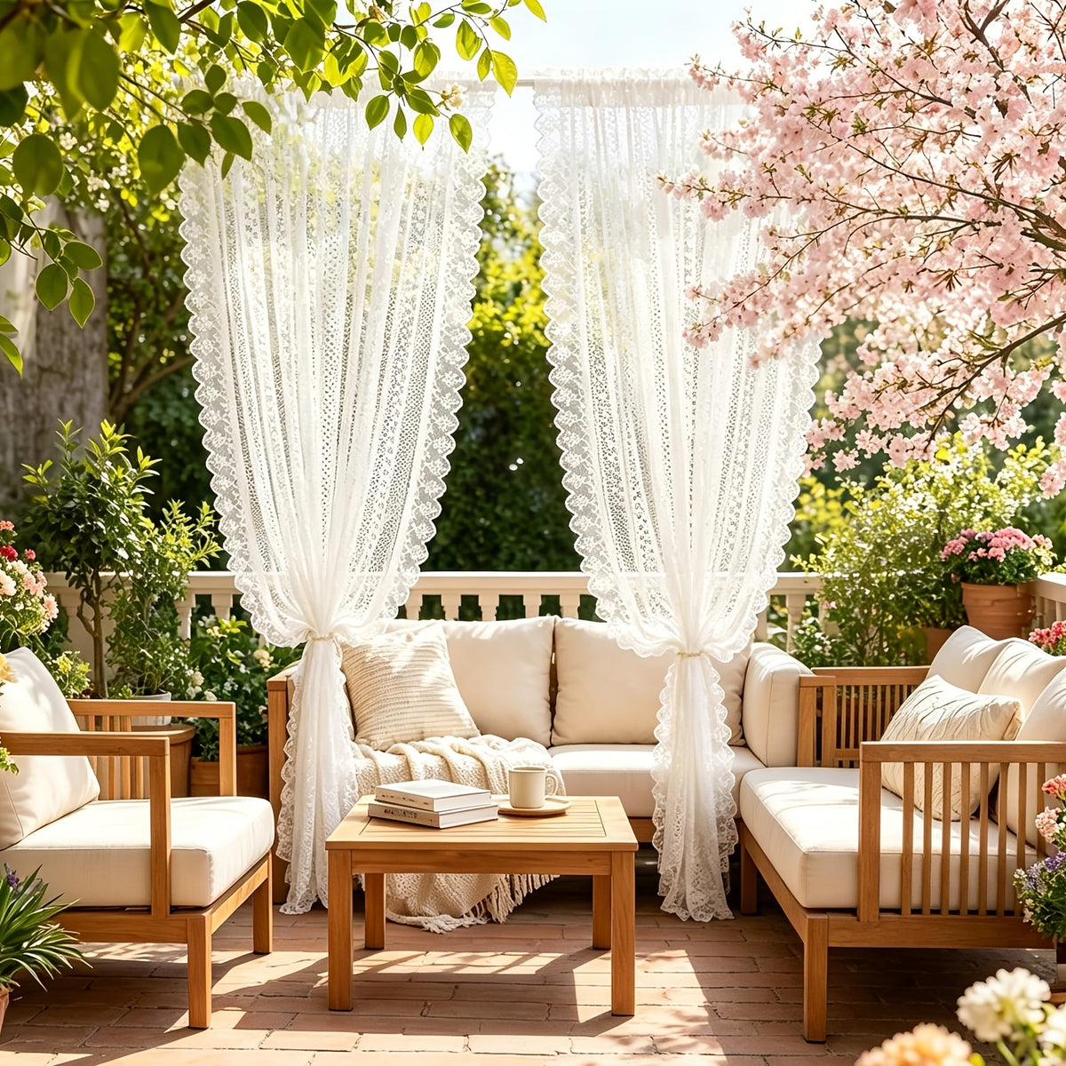 2 Panels Romantic Classical Lace Outdoor Sheer Curtain Light Filtering Window Drapes Rod Pocket for Wedding Bedroom Living Room Or Patio Decor