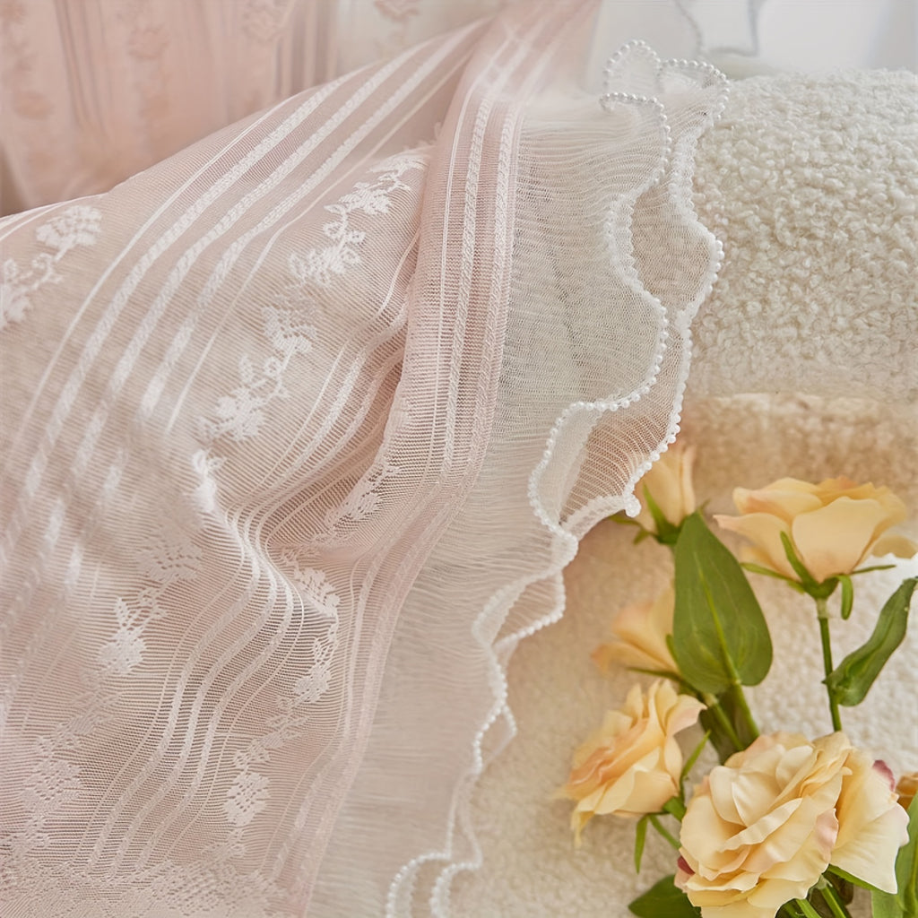 2pcs Lace Tulle Ruffle Curtains,Double Layer Beaded Ruffles Voile Sheer Curtains Romantic Window Decorative Curtains for Living Room, Office Home Decor