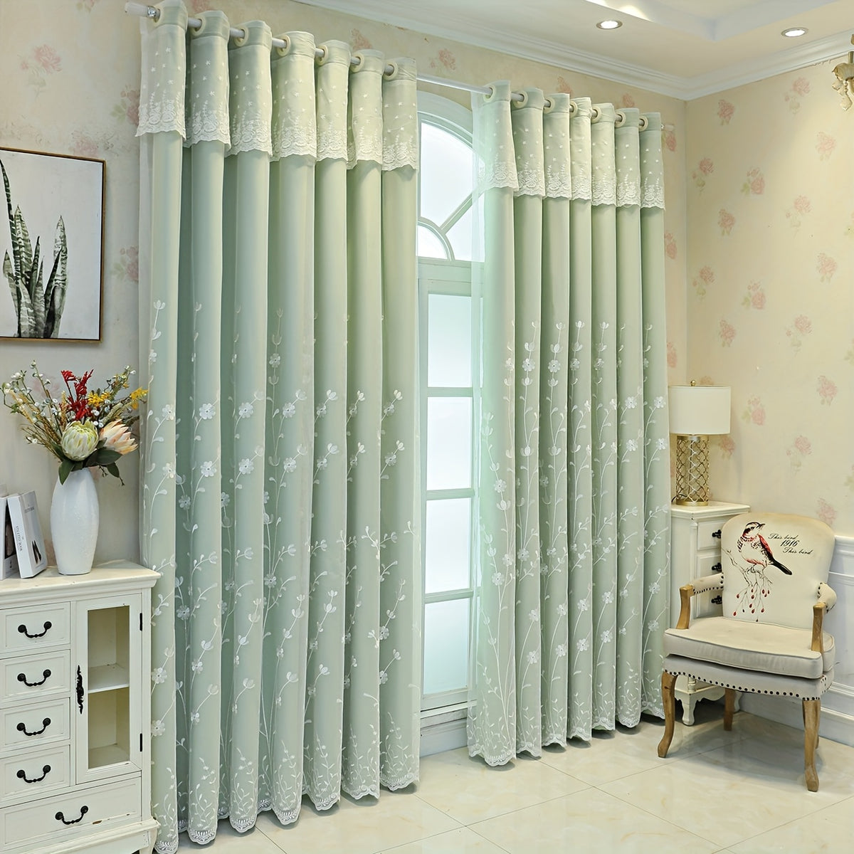 1Panel Nordic Minimalist Embroidered Floral Fabric Sheer Curtain, Top Loop Hanging, Resistant, Room Darkening, Suitable for Living Room, Bedroom, Balcony, Kitchen, Curtain Decoration