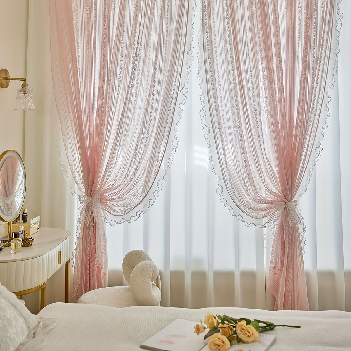2pcs Lace Tulle Ruffle Curtains,Double Layer Beaded Ruffles Voile Sheer Curtains Romantic Window Decorative Curtains for Living Room, Office Home Decor